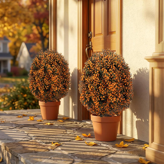 Artificial Burnt Orange Boxwood Topiary for Fall Halloween Decoration for Home, 27" Fake Trees Plants with Ground Spike,UV Resistant Ball Bush Shrubs for Autumn Indoor Outdoor Decor,Front Porch,2 Pack
