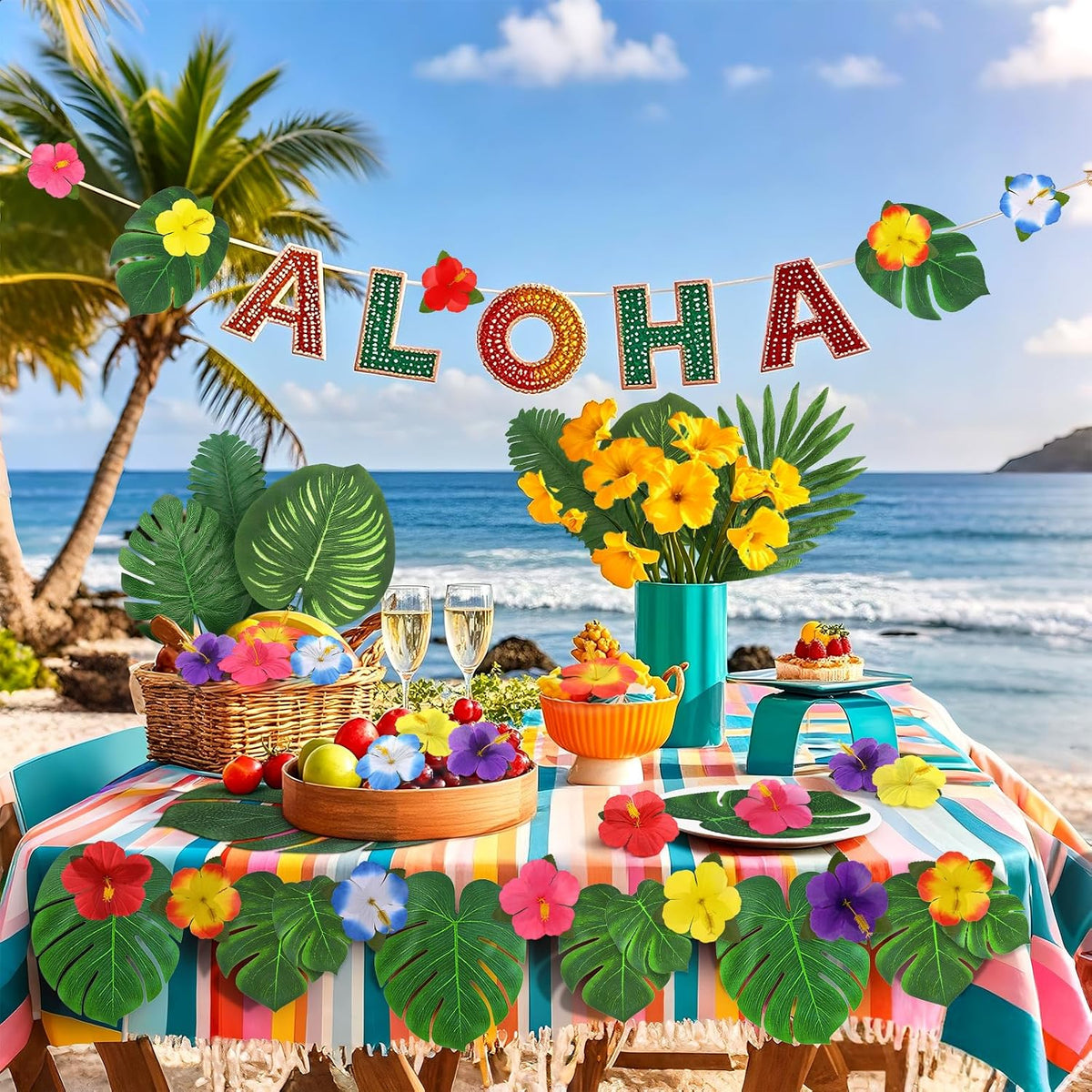 60Pcs Luau Party Decorations Tropical Hawaiian Supplies Palm Leaves