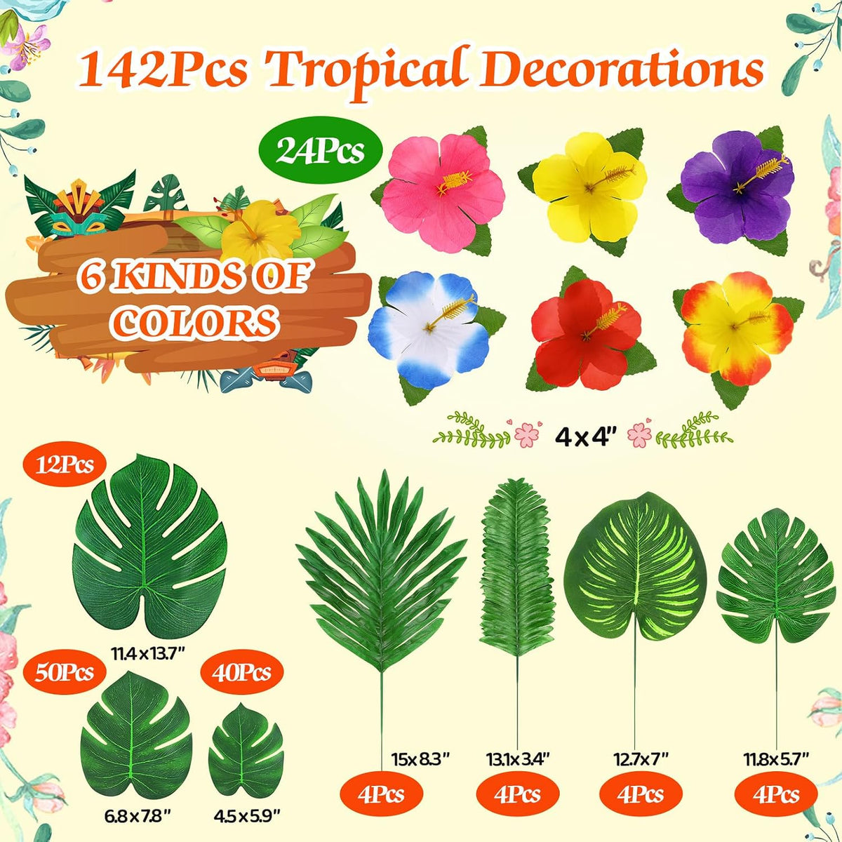 60Pcs Luau Party Decorations Tropical Hawaiian Supplies Palm Leaves