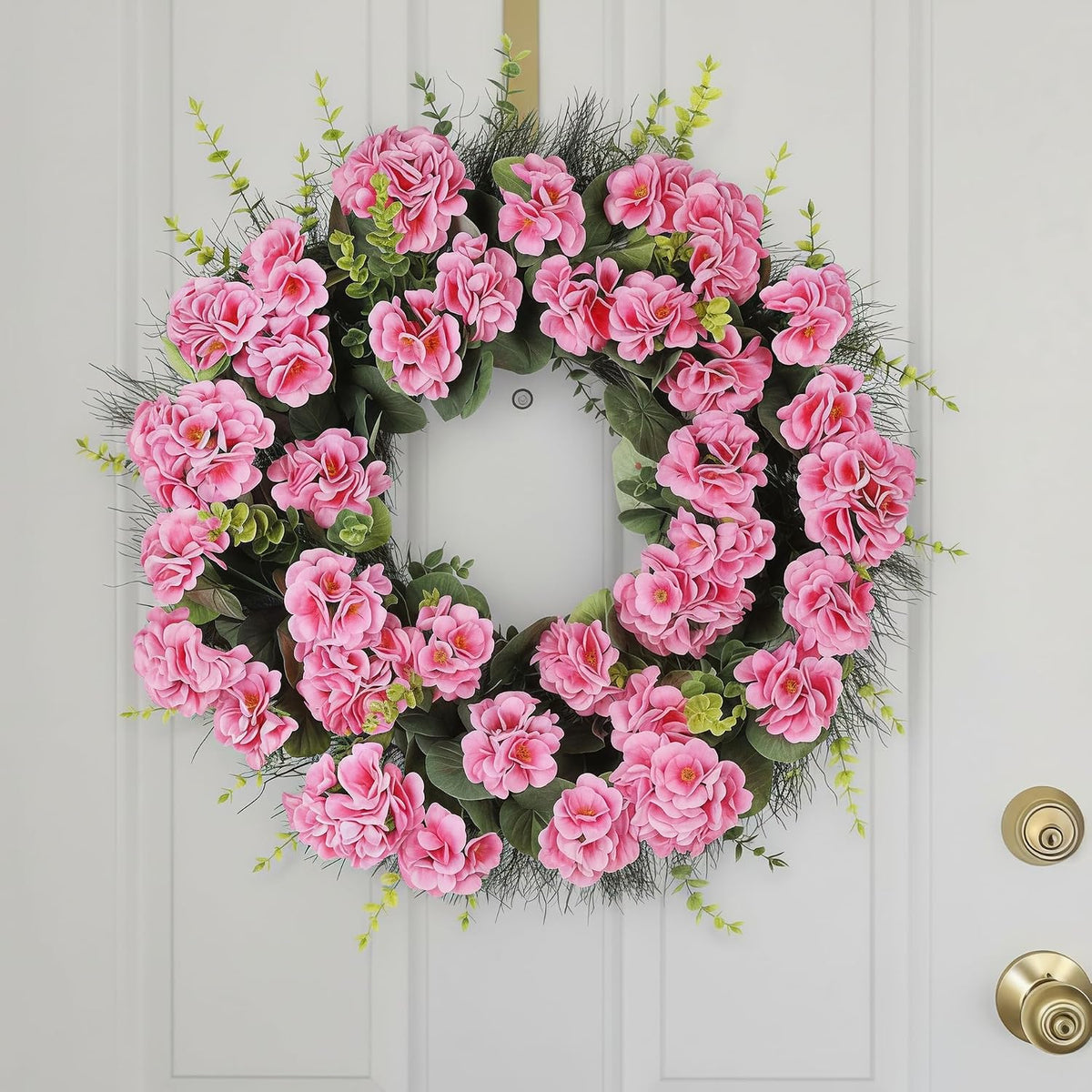 Spring Summer Wreaths for Front Door, 24 Inch Pink Artificial Geranium Wreath with Blessed Hanging Sign, for Indoor and Outdoor Decor