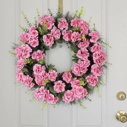 Spring Summer Wreaths for Front Door, 24 Inch Pink Artificial Geranium Wreath with Blessed Hanging Sign, for Indoor and Outdoor Decor
