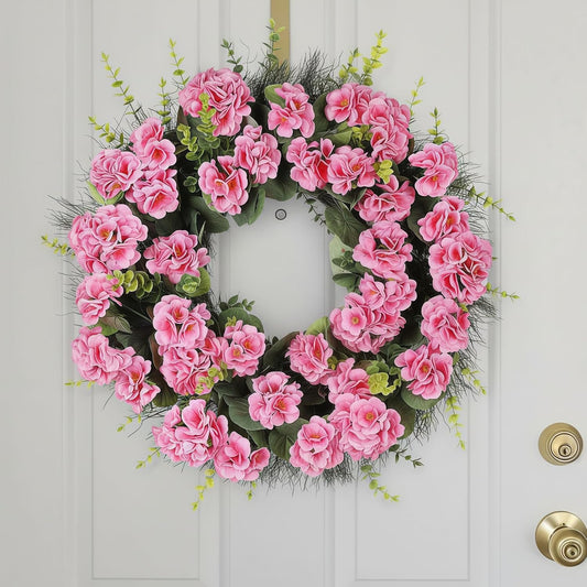 Spring Summer Wreaths for Front Door, 24 Inch Pink Artificial Geranium Wreath with Blessed Hanging Sign, for Indoor and Outdoor Decor