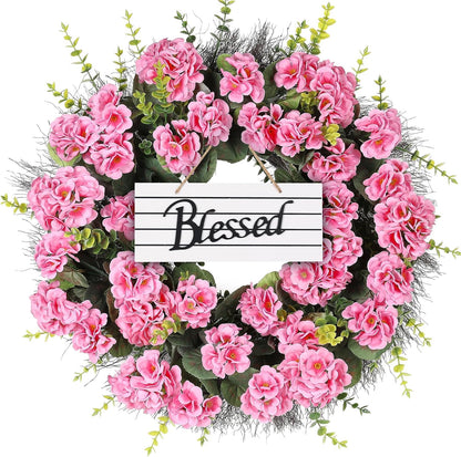 Spring Summer Wreaths for Front Door, 24 Inch Pink Artificial Geranium Wreath with Blessed Hanging Sign, for Indoor and Outdoor Decor