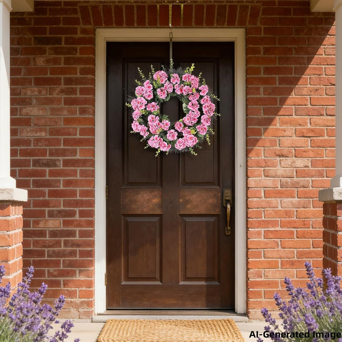Spring Summer Wreaths for Front Door, 24 Inch Pink Artificial Geranium Wreath with Blessed Hanging Sign, for Indoor and Outdoor Decor