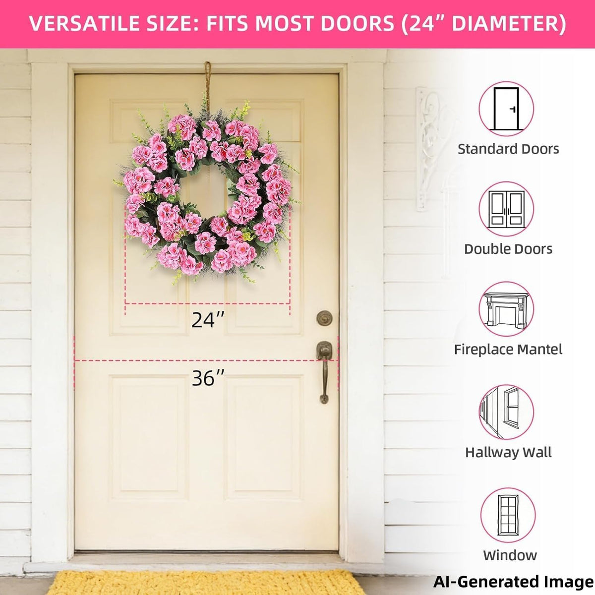 Spring Summer Wreaths for Front Door, 24 Inch Pink Artificial Geranium Wreath with Blessed Hanging Sign, for Indoor and Outdoor Decor