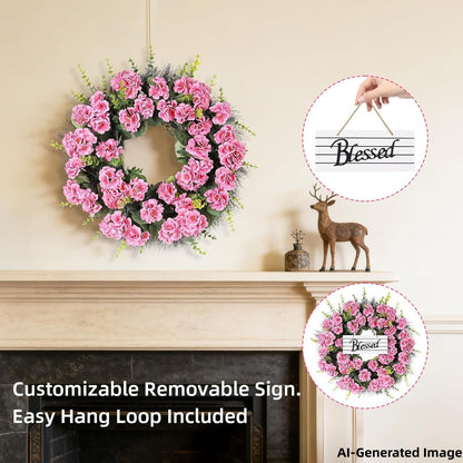 Spring Summer Wreaths for Front Door, 24 Inch Pink Artificial Geranium Wreath with Blessed Hanging Sign, for Indoor and Outdoor Decor