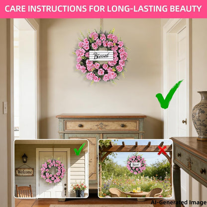 Spring Summer Wreaths for Front Door, 24 Inch Pink Artificial Geranium Wreath with Blessed Hanging Sign, for Indoor and Outdoor Decor