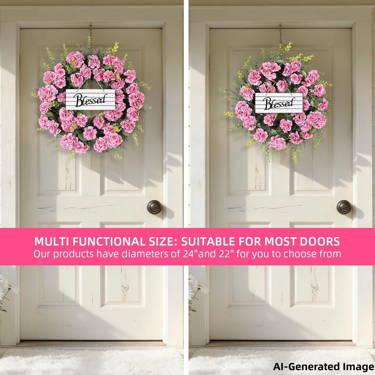 Spring Summer Wreaths for Front Door, 24 Inch Pink Artificial Geranium Wreath with Blessed Hanging Sign, for Indoor and Outdoor Decor