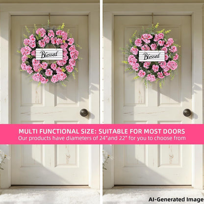 Spring Summer Wreaths for Front Door, 24 Inch Pink Artificial Geranium Wreath with Blessed Hanging Sign, for Indoor and Outdoor Decor