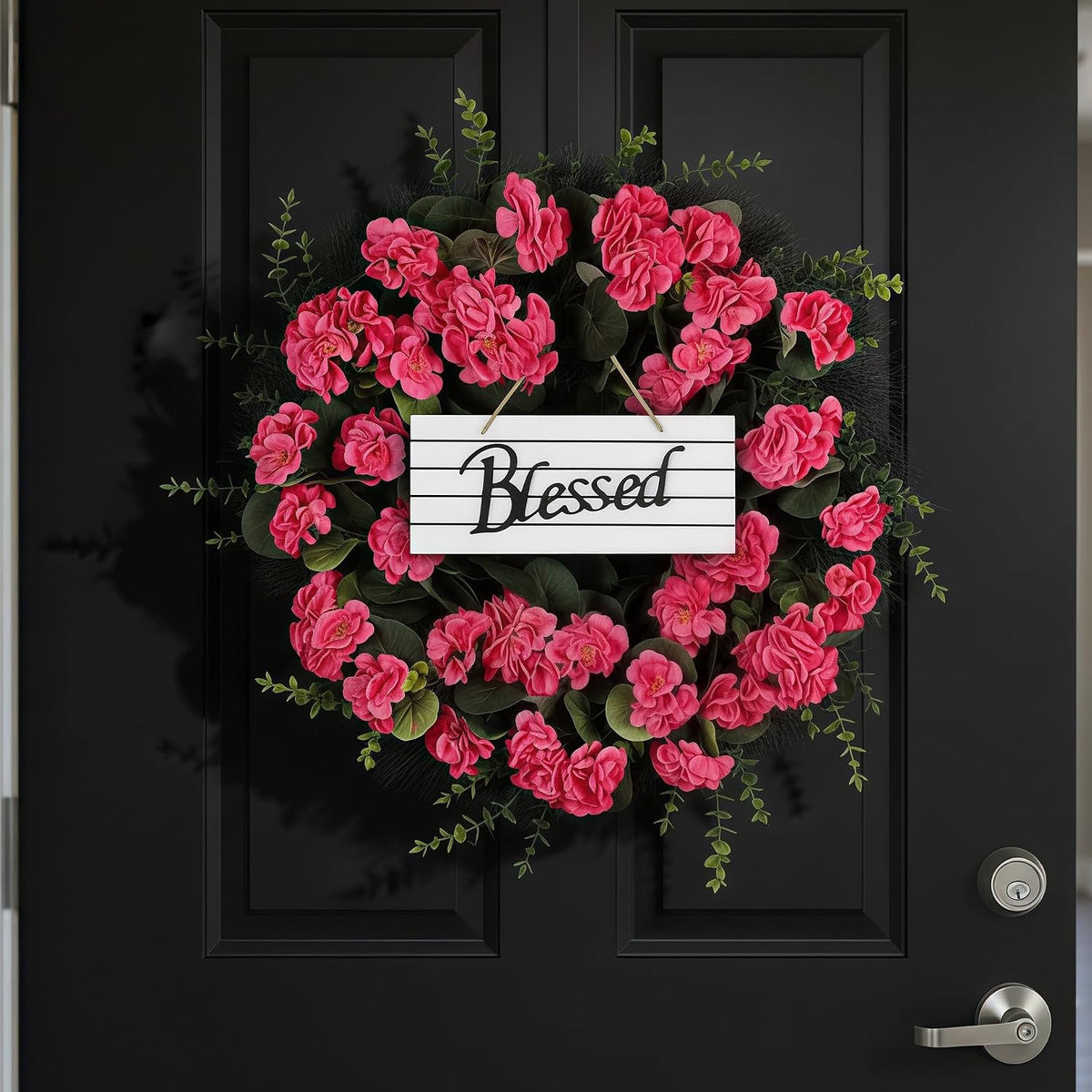 Spring Summer Wreaths for Front Door, 24 Inch Pink Artificial Geranium Wreath with Blessed Hanging Sign, for Indoor and Outdoor Decor