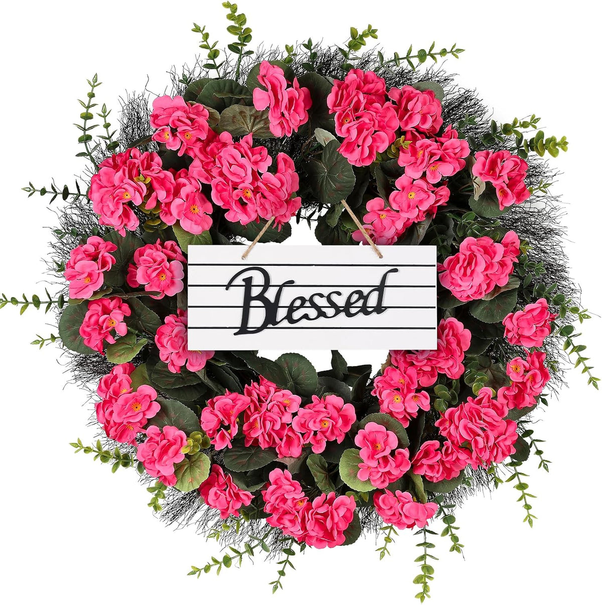 Spring Summer Wreaths for Front Door, 24 Inch Pink Artificial Geranium Wreath with Blessed Hanging Sign, for Indoor and Outdoor Decor