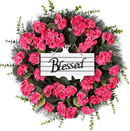 Spring Summer Wreaths for Front Door, 24 Inch Pink Artificial Geranium Wreath with Blessed Hanging Sign, for Indoor and Outdoor Decor