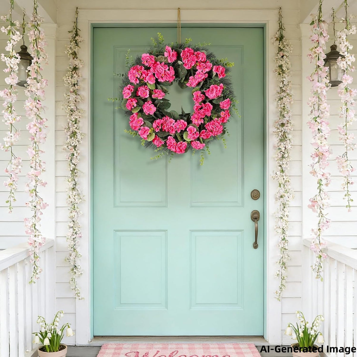 Spring Summer Wreaths for Front Door, 24 Inch Pink Artificial Geranium Wreath with Blessed Hanging Sign, for Indoor and Outdoor Decor