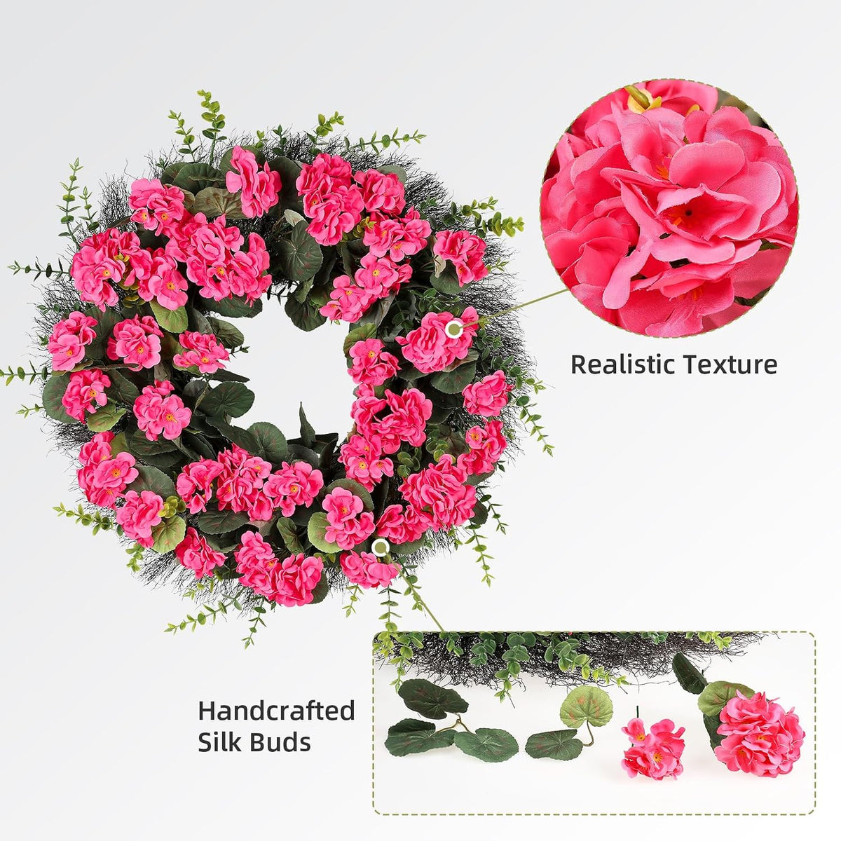 Spring Summer Wreaths for Front Door, 24 Inch Pink Artificial Geranium Wreath with Blessed Hanging Sign, for Indoor and Outdoor Decor
