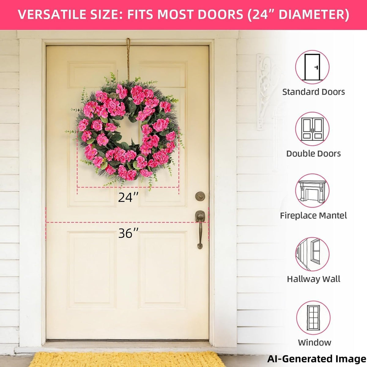 Spring Summer Wreaths for Front Door, 24 Inch Pink Artificial Geranium Wreath with Blessed Hanging Sign, for Indoor and Outdoor Decor