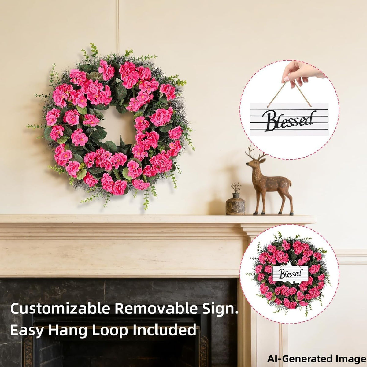 Spring Summer Wreaths for Front Door, 24 Inch Pink Artificial Geranium Wreath with Blessed Hanging Sign, for Indoor and Outdoor Decor