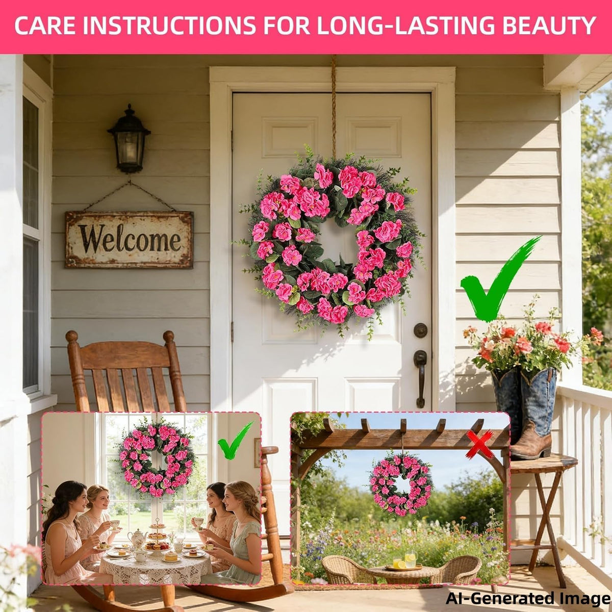 Spring Summer Wreaths for Front Door, 24 Inch Pink Artificial Geranium Wreath with Blessed Hanging Sign, for Indoor and Outdoor Decor