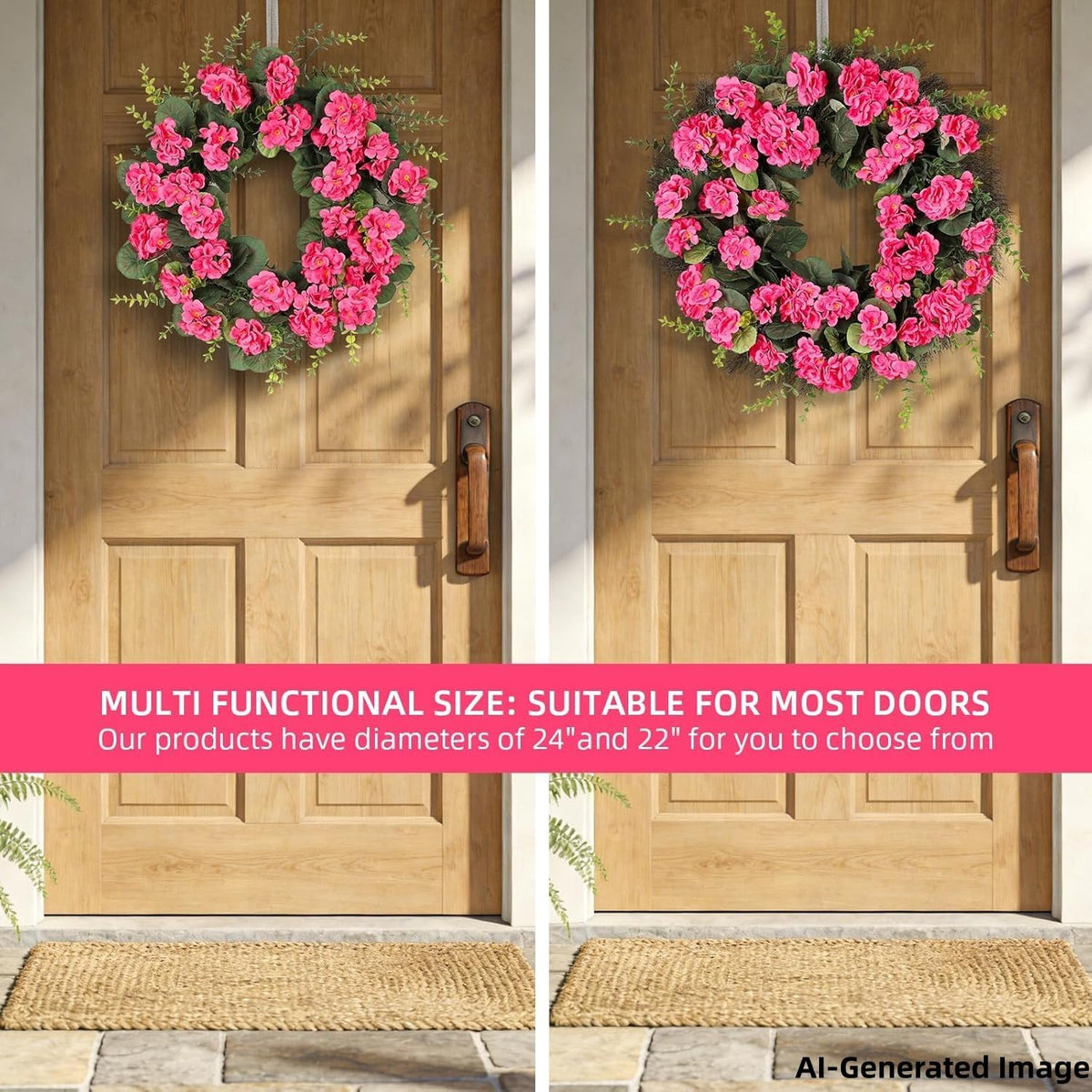 Spring Summer Wreaths for Front Door, 24 Inch Pink Artificial Geranium Wreath with Blessed Hanging Sign, for Indoor and Outdoor Decor