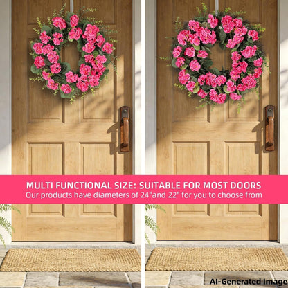 Spring Summer Wreaths for Front Door, 24 Inch Pink Artificial Geranium Wreath with Blessed Hanging Sign, for Indoor and Outdoor Decor