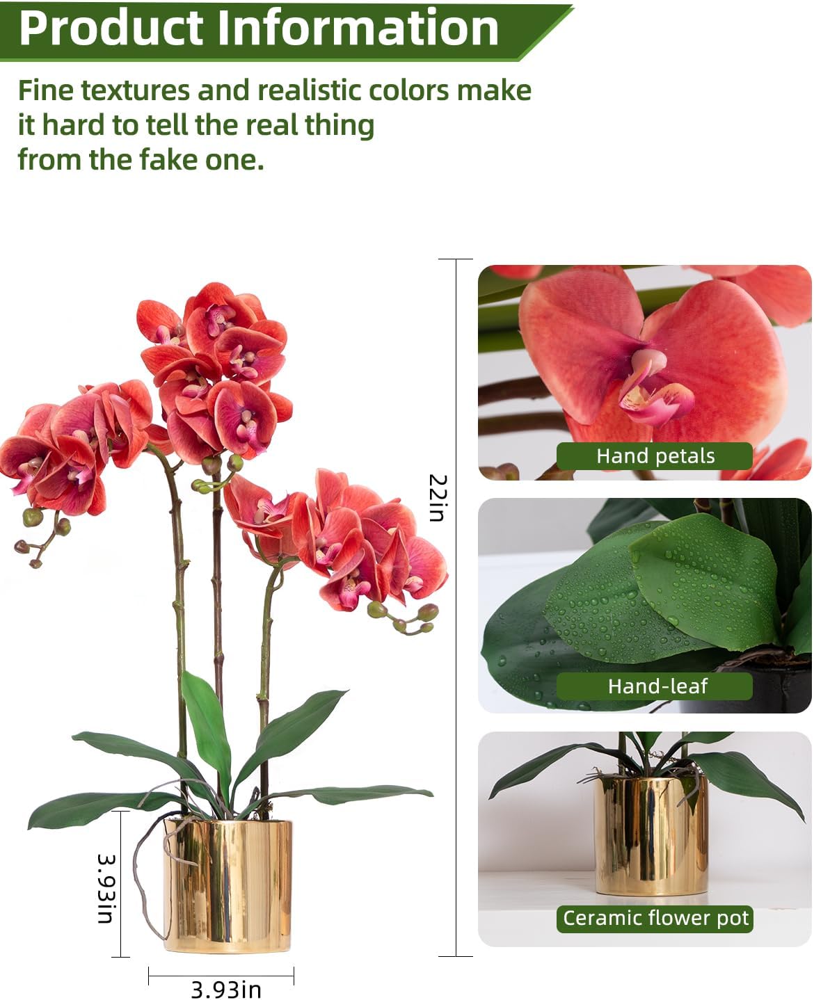 Artificial Orchid Flowers Real Touch Faux Flower in Vase Centerpiece Decor | Fake Silk Phalaenopsis Orchids, Realistic Petals&Leaves, Potted Plants for Home Office Hotel Room Restaurant Desktop(3 Stems)