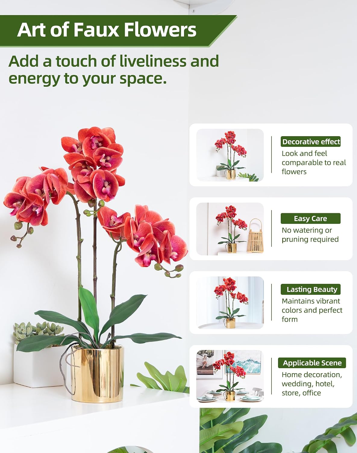 Artificial Orchid Flowers Real Touch Faux Flower in Vase Centerpiece Decor | Fake Silk Phalaenopsis Orchids, Realistic Petals&Leaves, Potted Plants for Home Office Hotel Room Restaurant Desktop(3 Stems)