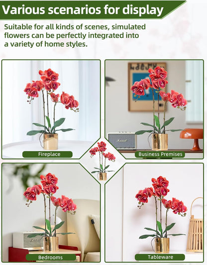 Artificial Orchid Flowers Real Touch Faux Flower in Vase Centerpiece Decor | Fake Silk Phalaenopsis Orchids, Realistic Petals&Leaves, Potted Plants for Home Office Hotel Room Restaurant Desktop(3 Stems)