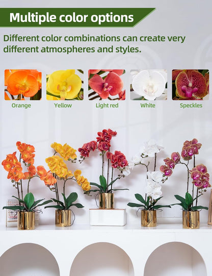 Artificial Orchid Flowers Real Touch Faux Flower in Vase Centerpiece Decor | Fake Silk Phalaenopsis Orchids, Realistic Petals&Leaves, Potted Plants for Home Office Hotel Room Restaurant Desktop(3 Stems)