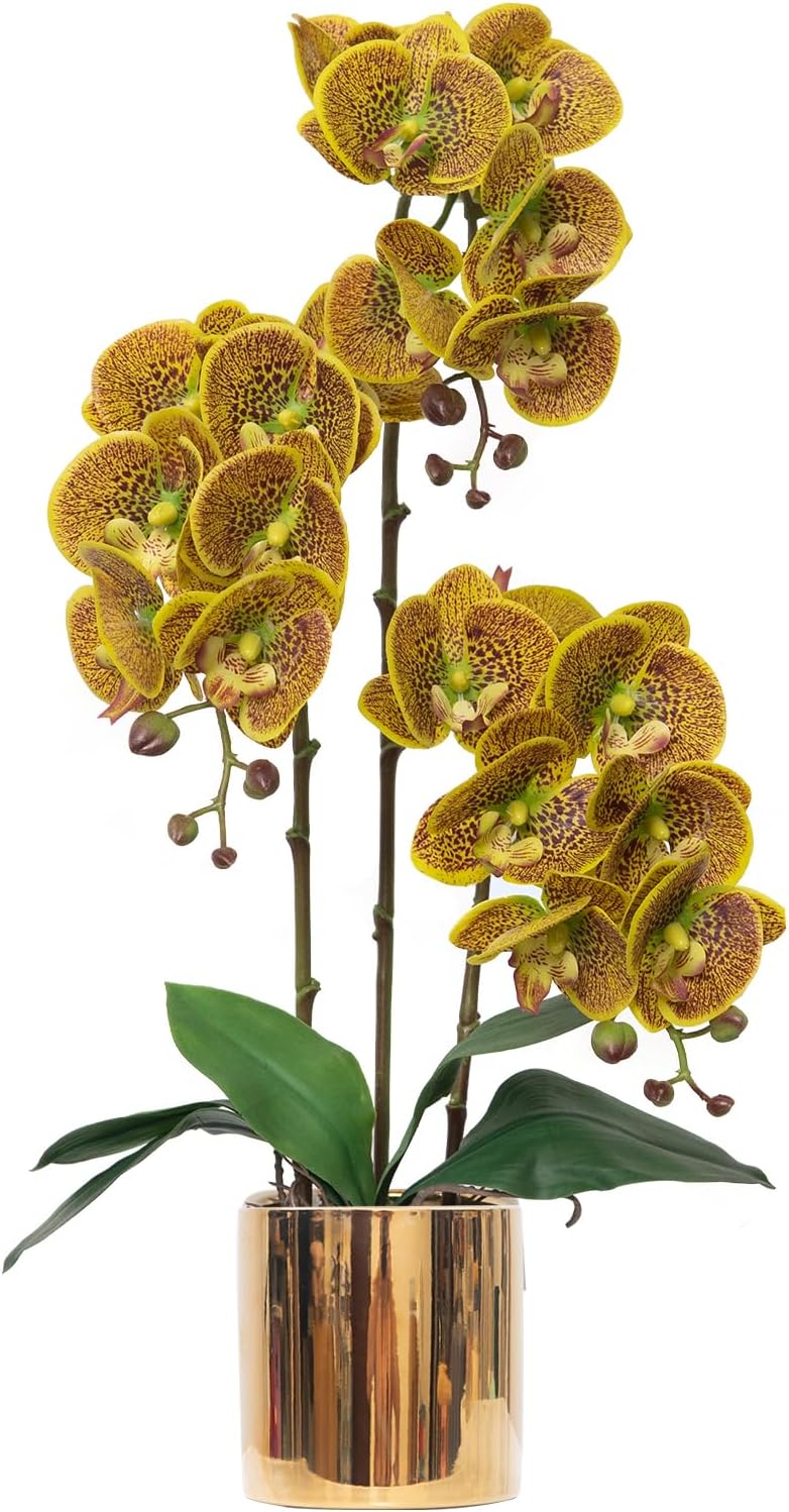 Artificial Orchid Flowers Real Touch Faux Flower in Vase Centerpiece Decor | Fake Silk Phalaenopsis Orchids, Realistic Petals&Leaves, Potted Plants for Home Office Hotel Room Restaurant Desktop(3 Stems)