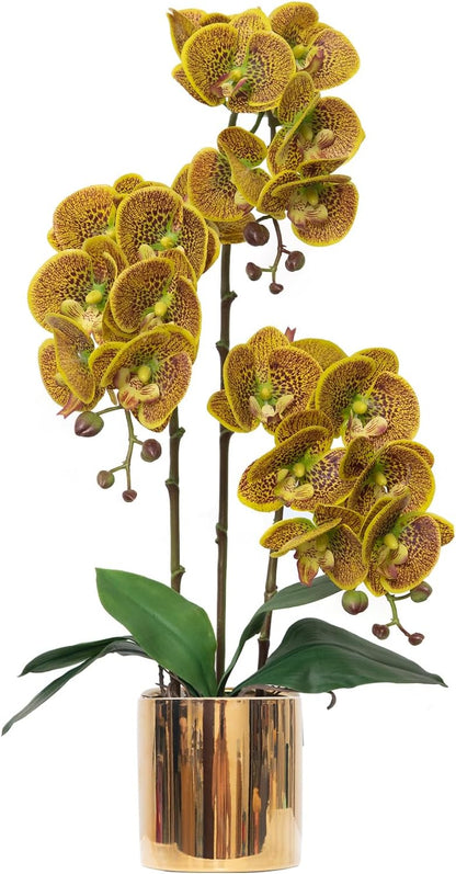 Artificial Orchid Flowers Real Touch Faux Flower in Vase Centerpiece Decor | Fake Silk Phalaenopsis Orchids, Realistic Petals&Leaves, Potted Plants for Home Office Hotel Room Restaurant Desktop(3 Stems)