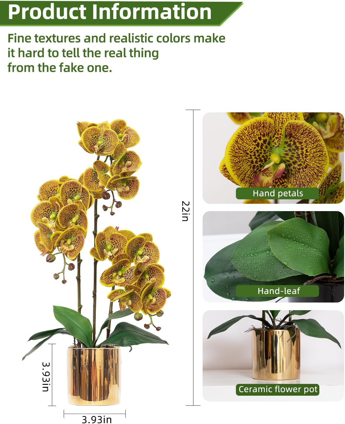 Artificial Orchid Flowers Real Touch Faux Flower in Vase Centerpiece Decor | Fake Silk Phalaenopsis Orchids, Realistic Petals&Leaves, Potted Plants for Home Office Hotel Room Restaurant Desktop(3 Stems)