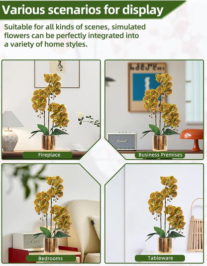 Artificial Orchid Flowers Real Touch Faux Flower in Vase Centerpiece Decor | Fake Silk Phalaenopsis Orchids, Realistic Petals&Leaves, Potted Plants for Home Office Hotel Room Restaurant Desktop(3 Stems)