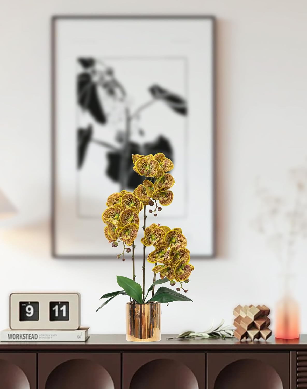Artificial Orchid Flowers Real Touch Faux Flower in Vase Centerpiece Decor | Fake Silk Phalaenopsis Orchids, Realistic Petals&Leaves, Potted Plants for Home Office Hotel Room Restaurant Desktop(3 Stems)