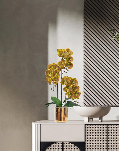 Artificial Orchid Flowers Real Touch Faux Flower in Vase Centerpiece Decor | Fake Silk Phalaenopsis Orchids, Realistic Petals&Leaves, Potted Plants for Home Office Hotel Room Restaurant Desktop(3 Stems)
