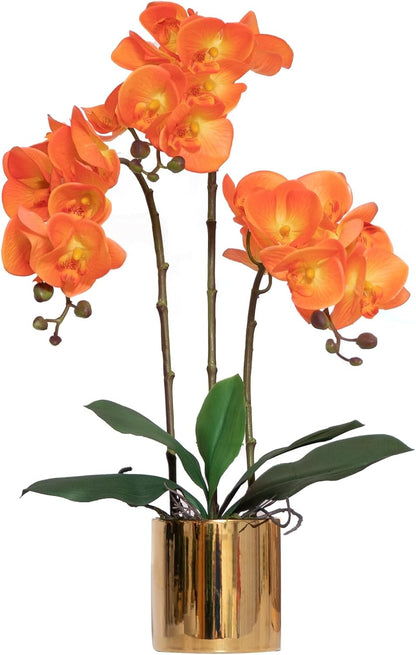 Artificial Orchid Flowers Real Touch Faux Flower in Vase Centerpiece Decor | Fake Silk Phalaenopsis Orchids, Realistic Petals&Leaves, Potted Plants for Home Office Hotel Room Restaurant Desktop(3 Stems)