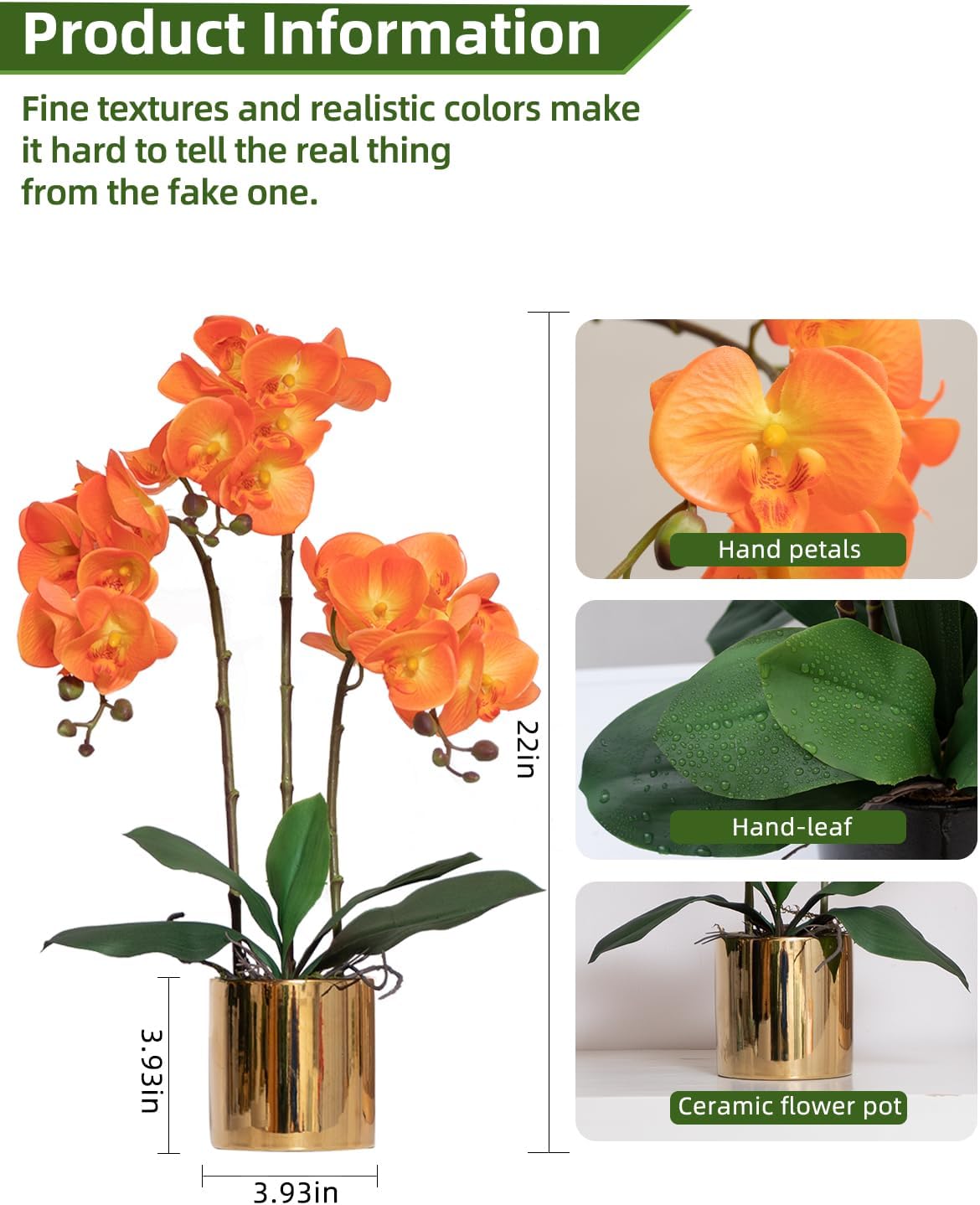 Artificial Orchid Flowers Real Touch Faux Flower in Vase Centerpiece Decor | Fake Silk Phalaenopsis Orchids, Realistic Petals&Leaves, Potted Plants for Home Office Hotel Room Restaurant Desktop(3 Stems)