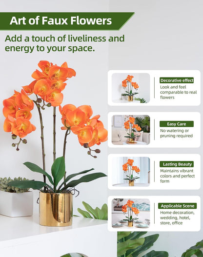 Artificial Orchid Flowers Real Touch Faux Flower in Vase Centerpiece Decor | Fake Silk Phalaenopsis Orchids, Realistic Petals&Leaves, Potted Plants for Home Office Hotel Room Restaurant Desktop(3 Stems)