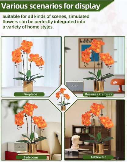 Artificial Orchid Flowers Real Touch Faux Flower in Vase Centerpiece Decor | Fake Silk Phalaenopsis Orchids, Realistic Petals&Leaves, Potted Plants for Home Office Hotel Room Restaurant Desktop(3 Stems)