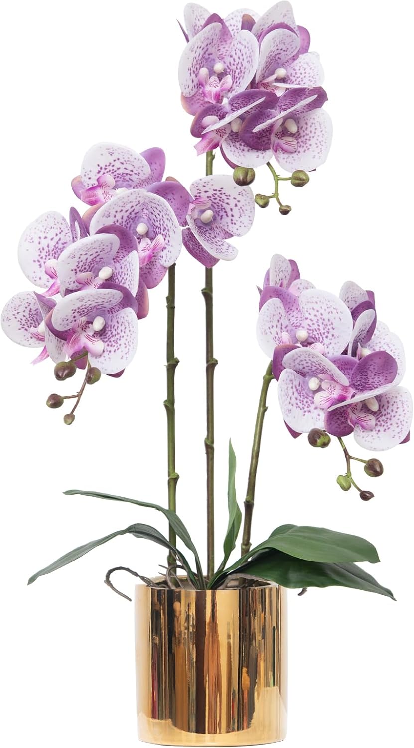 Artificial Orchid Flowers Real Touch Faux Flower in Vase Centerpiece Decor | Fake Silk Phalaenopsis Orchids, Realistic Petals&Leaves, Potted Plants for Home Office Hotel Room Restaurant Desktop(3 Stems)