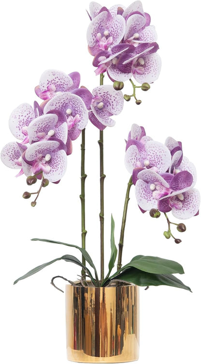 Artificial Orchid Flowers Real Touch Faux Flower in Vase Centerpiece Decor | Fake Silk Phalaenopsis Orchids, Realistic Petals&Leaves, Potted Plants for Home Office Hotel Room Restaurant Desktop(3 Stems)