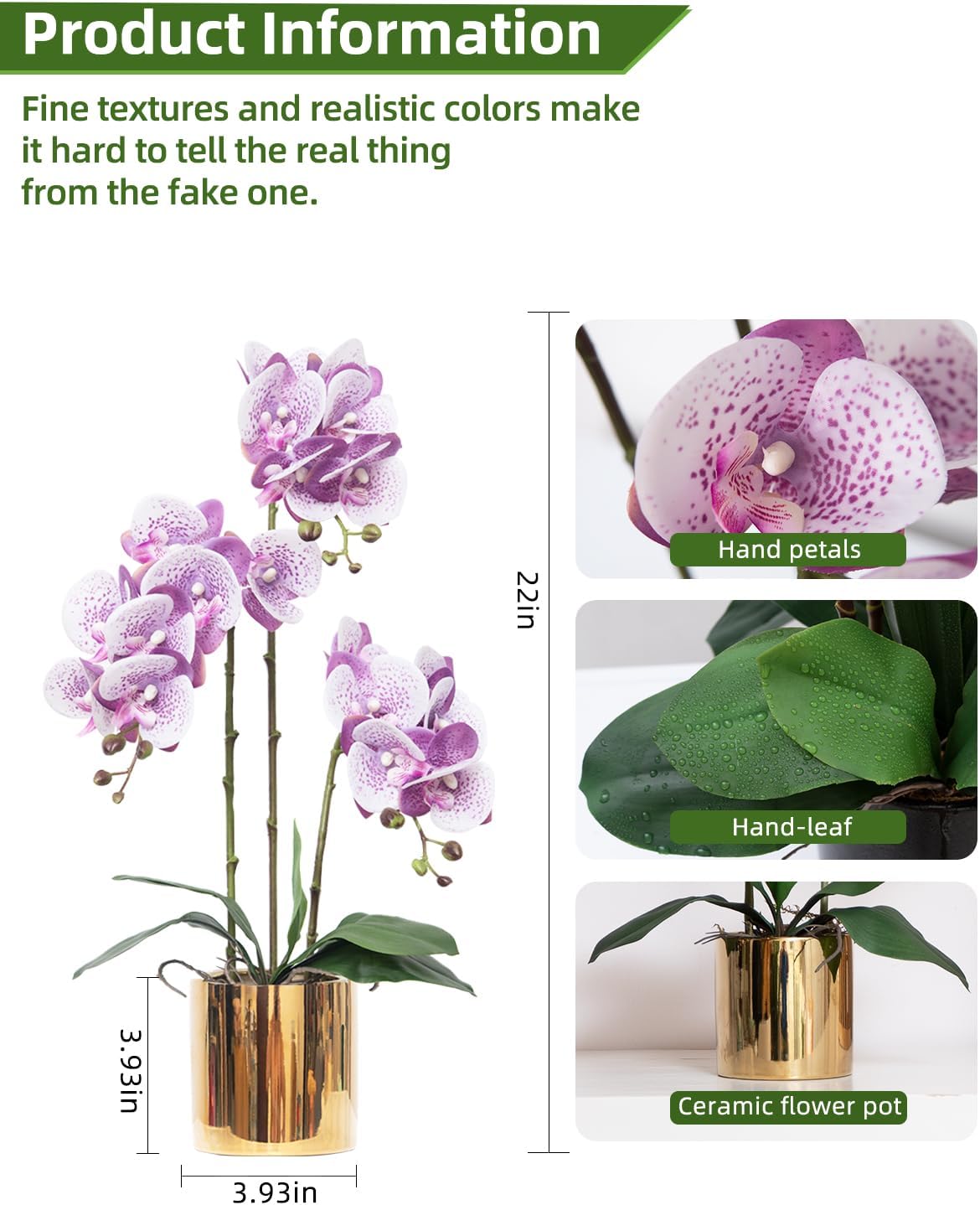 Artificial Orchid Flowers Real Touch Faux Flower in Vase Centerpiece Decor | Fake Silk Phalaenopsis Orchids, Realistic Petals&Leaves, Potted Plants for Home Office Hotel Room Restaurant Desktop(3 Stems)