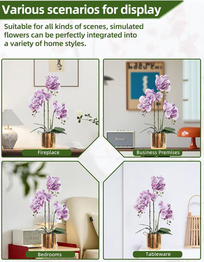 Artificial Orchid Flowers Real Touch Faux Flower in Vase Centerpiece Decor | Fake Silk Phalaenopsis Orchids, Realistic Petals&Leaves, Potted Plants for Home Office Hotel Room Restaurant Desktop(3 Stems)