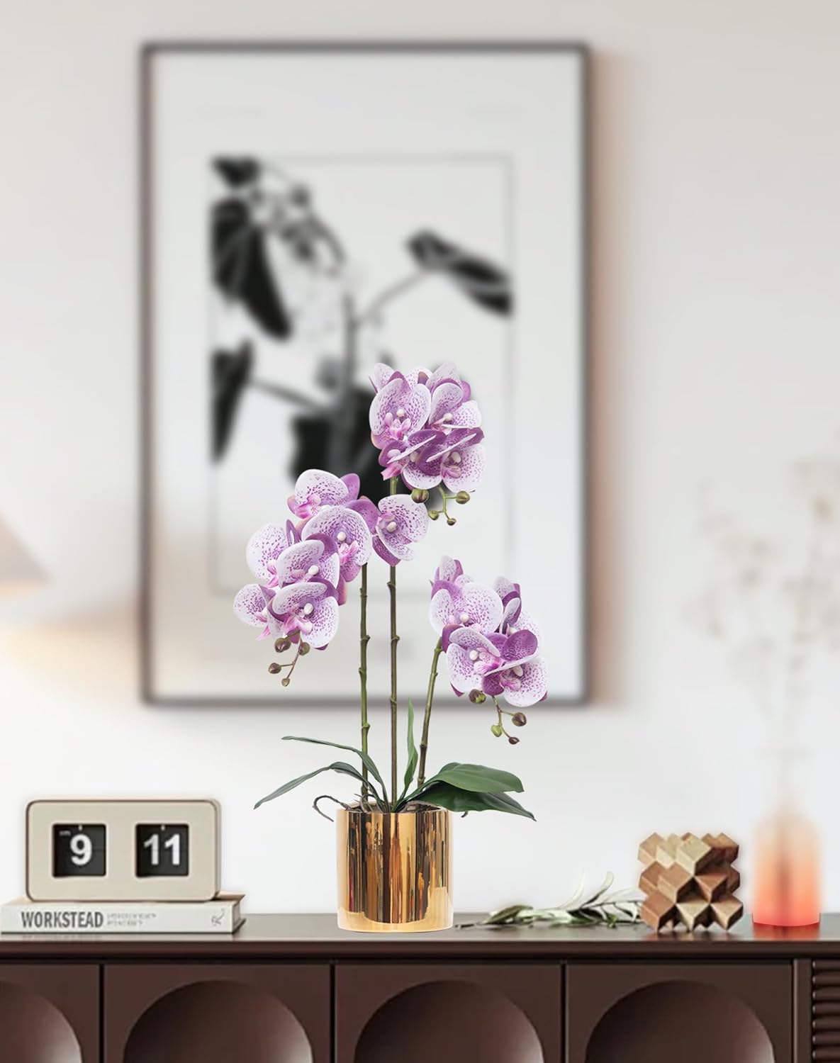 Artificial Orchid Flowers Real Touch Faux Flower in Vase Centerpiece Decor | Fake Silk Phalaenopsis Orchids, Realistic Petals&Leaves, Potted Plants for Home Office Hotel Room Restaurant Desktop(3 Stems)