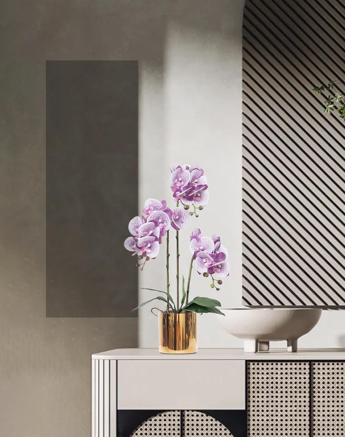 Artificial Orchid Flowers Real Touch Faux Flower in Vase Centerpiece Decor | Fake Silk Phalaenopsis Orchids, Realistic Petals&Leaves, Potted Plants for Home Office Hotel Room Restaurant Desktop(3 Stems)