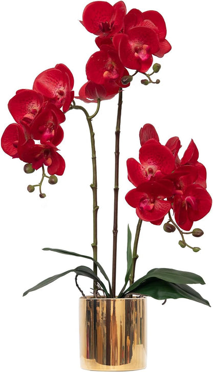 Artificial Orchid Flowers Real Touch Faux Flower in Vase Centerpiece Decor | Fake Silk Phalaenopsis Orchids, Realistic Petals&Leaves, Potted Plants for Home Office Hotel Room Restaurant Desktop(3 Stems)