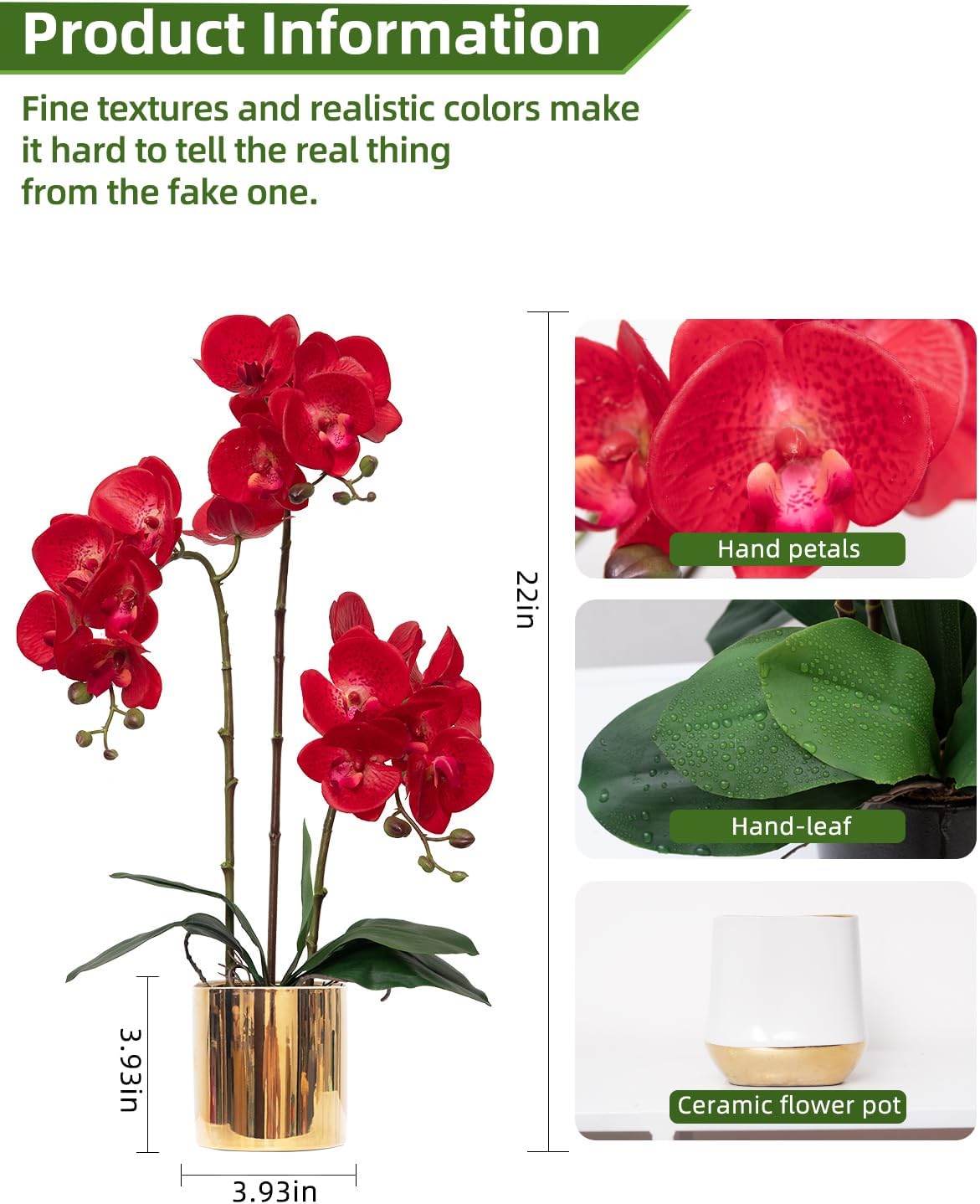 Artificial Orchid Flowers Real Touch Faux Flower in Vase Centerpiece Decor | Fake Silk Phalaenopsis Orchids, Realistic Petals&Leaves, Potted Plants for Home Office Hotel Room Restaurant Desktop(3 Stems)