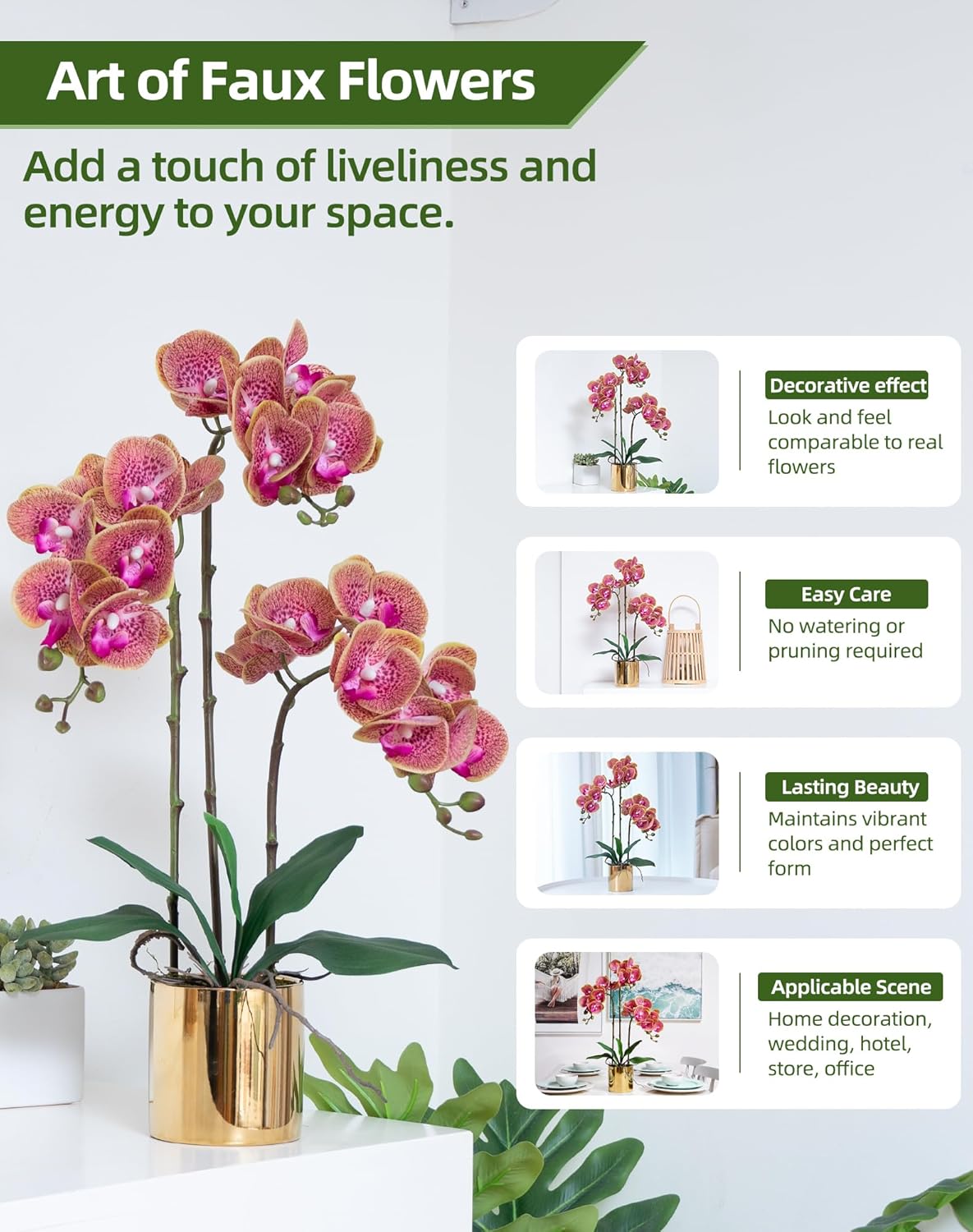 Artificial Orchid Flowers Real Touch Faux Flower in Vase Centerpiece Decor | Fake Silk Phalaenopsis Orchids, Realistic Petals&Leaves, Potted Plants for Home Office Hotel Room Restaurant Desktop(3 Stems)