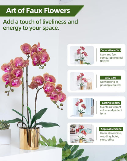 Artificial Orchid Flowers Real Touch Faux Flower in Vase Centerpiece Decor | Fake Silk Phalaenopsis Orchids, Realistic Petals&Leaves, Potted Plants for Home Office Hotel Room Restaurant Desktop(3 Stems)