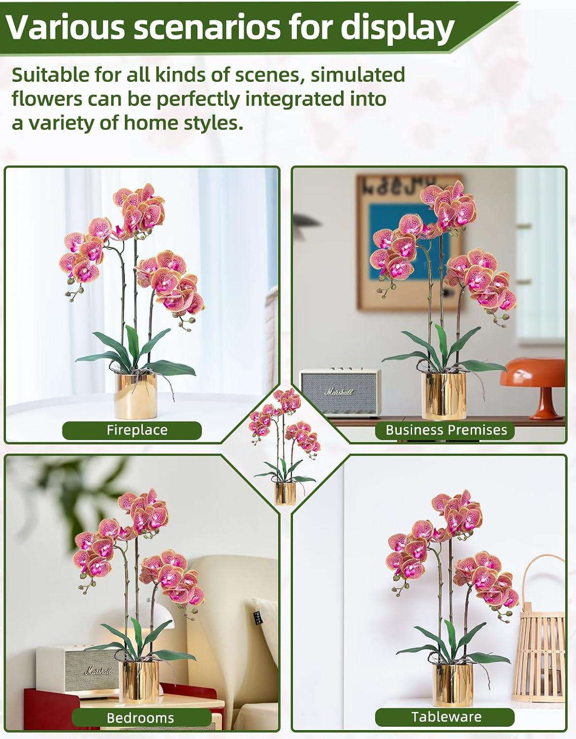Artificial Orchid Flowers Real Touch Faux Flower in Vase Centerpiece Decor | Fake Silk Phalaenopsis Orchids, Realistic Petals&Leaves, Potted Plants for Home Office Hotel Room Restaurant Desktop(3 Stems)