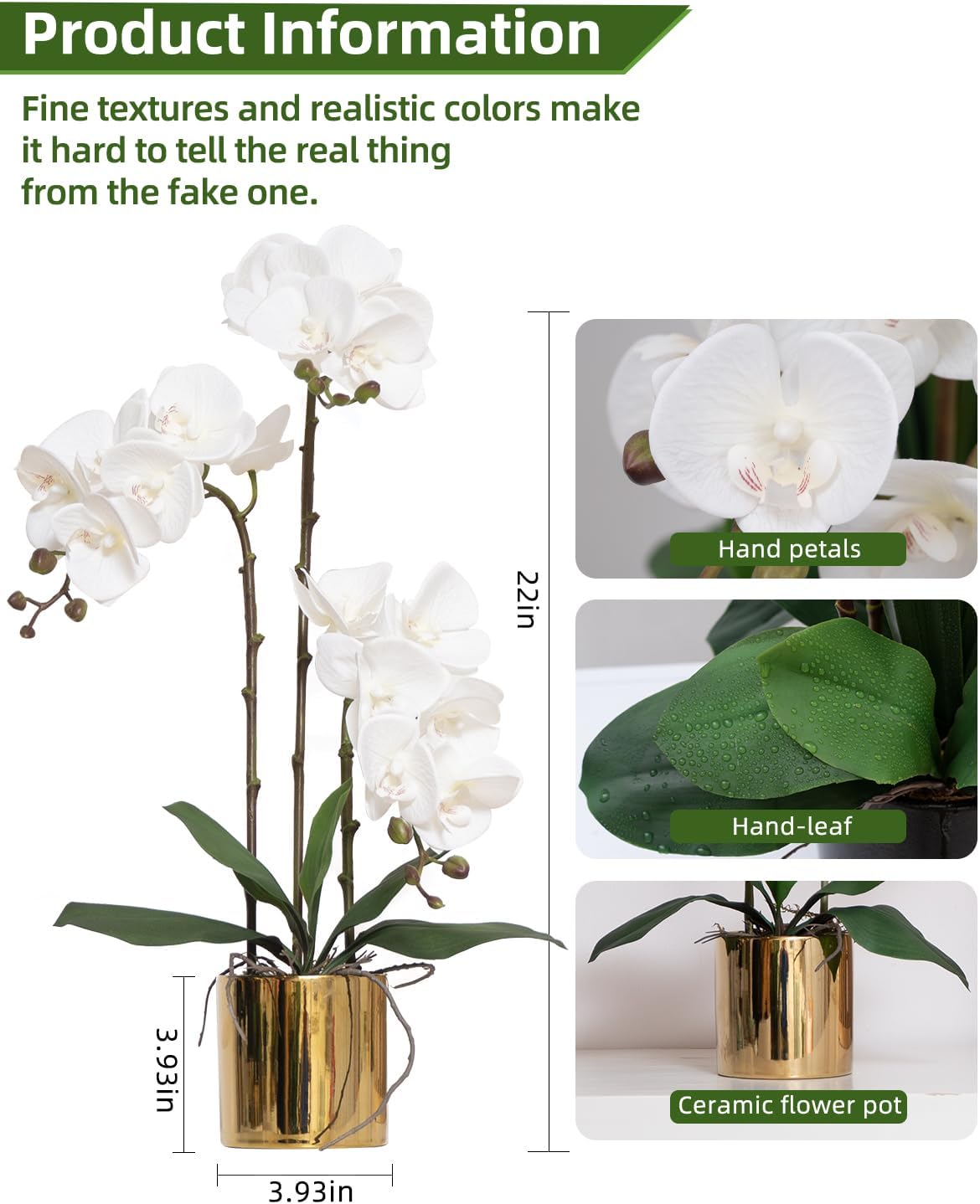 Artificial Orchid Flowers Real Touch Faux Flower in Vase Centerpiece Decor | Fake Silk Phalaenopsis Orchids, Realistic Petals&Leaves, Potted Plants for Home Office Hotel Room Restaurant Desktop(3 Stems)