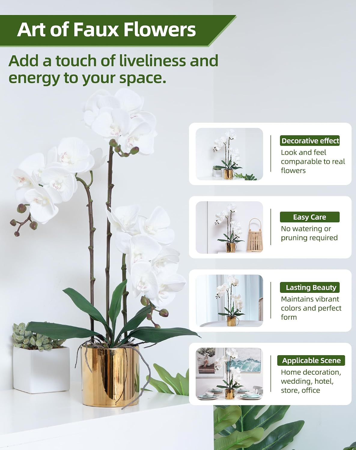 Artificial Orchid Flowers Real Touch Faux Flower in Vase Centerpiece Decor | Fake Silk Phalaenopsis Orchids, Realistic Petals&Leaves, Potted Plants for Home Office Hotel Room Restaurant Desktop(3 Stems)